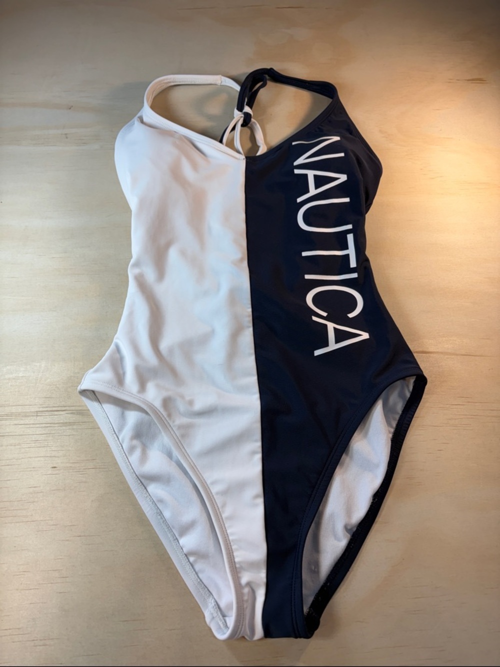 One Piece 2 Tone Swim Suit Tie Neck Sz S Nautica
